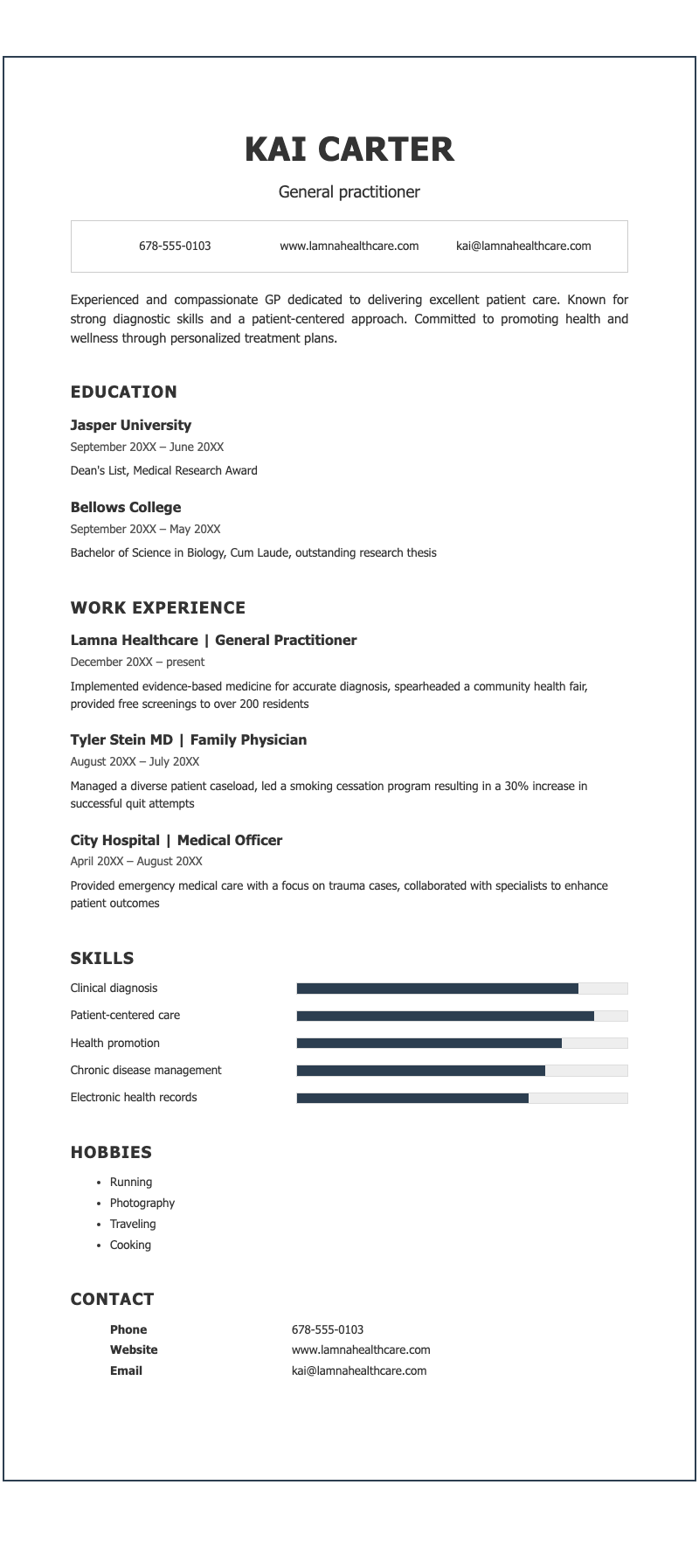 Bold border professional resume - Clean, bordered medical CV for general practitioners with skills-bars, work timeline and full contact sections.